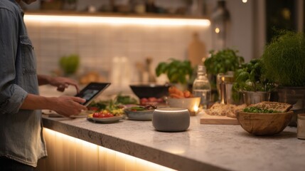 Modern kitchen counter with fresh ingredients person preparing food and using a tablet under warm ambient lighting ideal for cooking content healthy lifestyle and recipe visuals