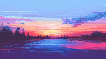 Vibrant Glitch Art Sunset Landscape with Fractured Sky and Reflective Water, a Futuristic Digital Horizon