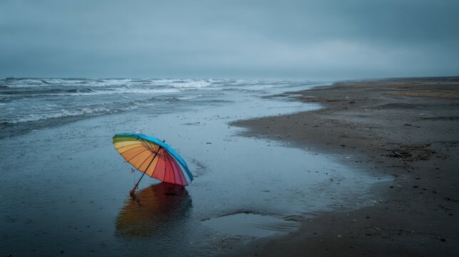 Colorful umbrella lying on deserted rainy beach under cloudy sky with soft reflection on wet sand ideal for travel melancholy visuals and weather concept designs