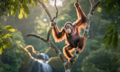 Orangutan in a rainforest canopy, bathed in sunlight, with a waterfall in the background