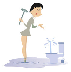 Stressed situation in domestic life. Young confused woman with a plunger in her hand tries to clear a blockage in a toilet	