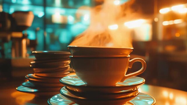 Steaming coffee cup on stack of saucers in cafe