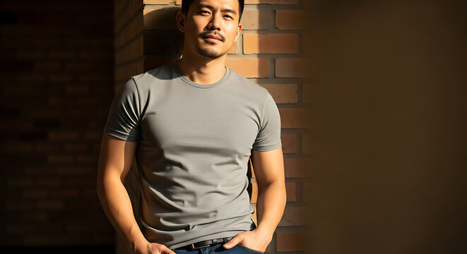 A confident and handsome man in a grey t-shirt finds a quiet moment for introspection while leaning against a brick wall in the warm afternoon sunlight