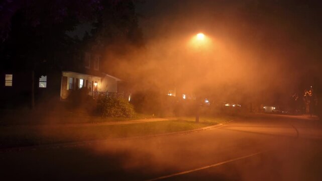 Foggy suburban street at night illuminated by a streetlight. Thick mist drifts across quiet neighborhood creating a mysterious, eerie atmosphere. Halloween, thriller, silence