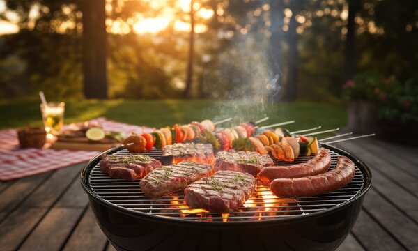 Outdoor barbecue with various meats and vegetables cooking on a grill.  Sunset glow in the background - Powered by Adobe