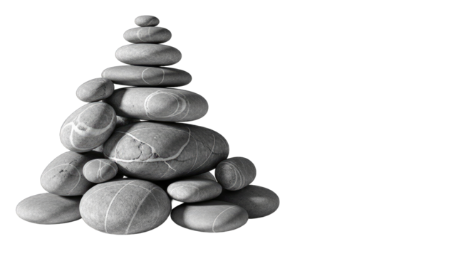 Balanced Stack Of Grey Stones Arranged In A Pyramid Shape On A Black Background With No Visible Defects Or Branding