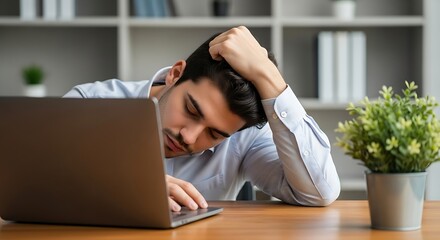 Overworked Businessman Sleeps at Desk with Laptop in Modern Office Setting Depicting Burnout and Fat.jpg
