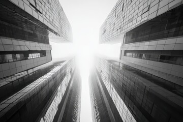 Modern Glass Skyscrapers Reaching Towards a Bright, Foggy Sky