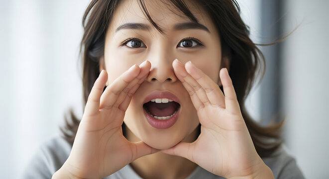 Excited Asian woman shouting, with hands cupping her mouth, expressive communication - Powered by Adobe