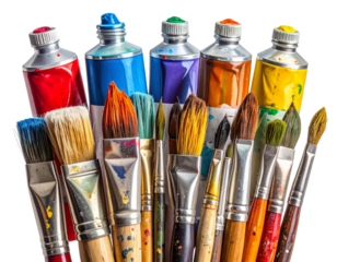 Set of Colorful Paint Tubes and Brushes, Artist Workspace Mockup PNG