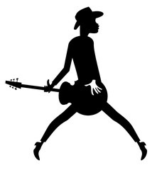 All I play is rock and roll. Art silhouette of the singing guitar player	