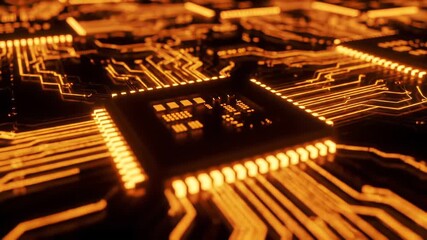 Closeup of a glowing orange circuit board with intricate pathways and microchips symbolizing advanced technology artificial intelligence and digital data processing within a futuristic computing envi. - Powered by Adobe