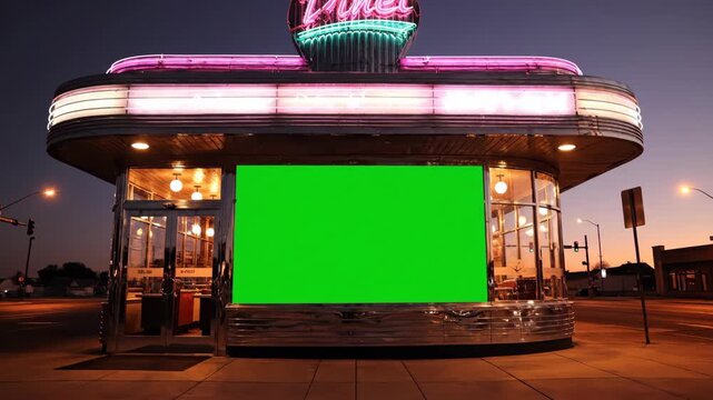 Retro diner facade at twilight with glowing neon sign and large green screen window for custom content insertion, perfect for nostalgic storytelling and modern advertising integration.
