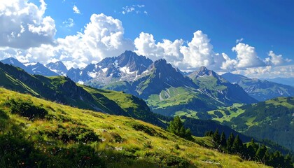 Vast panoramic vista of high mountains with vibrant green hills under a bright blue sky filled with puffy white clouds
