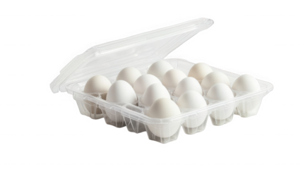 A dozen white eggs in a clear plastic container isolated on transparent background