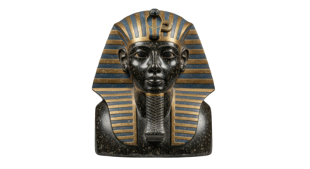 Black and gold Egyptian pharaoh bust with blue striped nemes headdress detailed speckled texture and transparent background