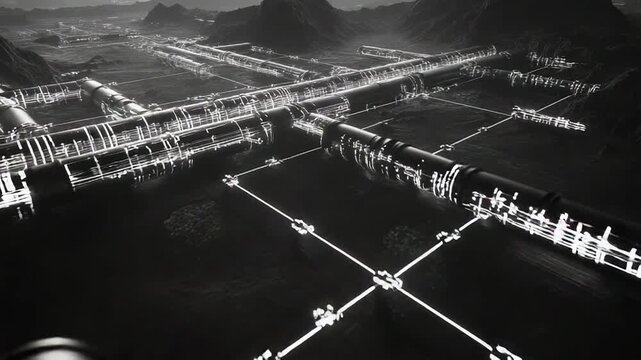 Futuristic pipeline network spanning a desolate industrial valley