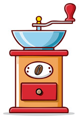 Manual coffee grinder cartoon illustration for fresh roasted beans and home brewing kitchen
