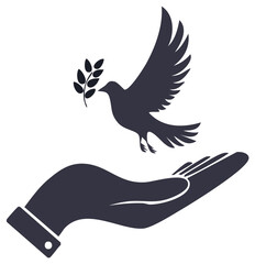 Obraz premium Dove flying from open hand holding olive branch symbol of peace and hope