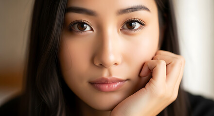 Obraz premium Portrait of an Attractive Asian Woman Close-up Shot with a Serene Expression, Hand on Chin