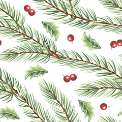 Watercolor pine branches with holly berries and leaves seamless pattern for Christmas. Hand-drawn illustration spruce twigs for winter holiday decor. Natural background of forest plant for textile.