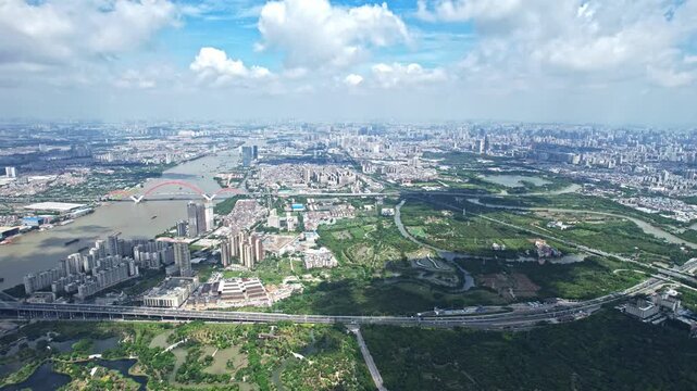 Aerial View of Guangzhou Haizhu District Urban Landscape with River and Green Spaces, China