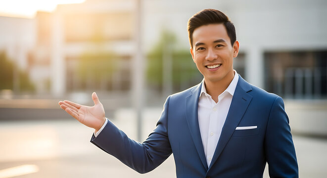 A confident and successful young Asian businessman in a stylish suit making a welcoming gesture outdoors with a blurred city background