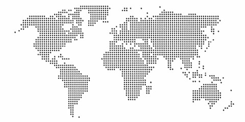 Abstract world map composed of many small dark dots on a clean white background