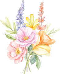 Obraz premium Watercolor floral bouquet, delicate and vibrant, transparent background, vector, illustration