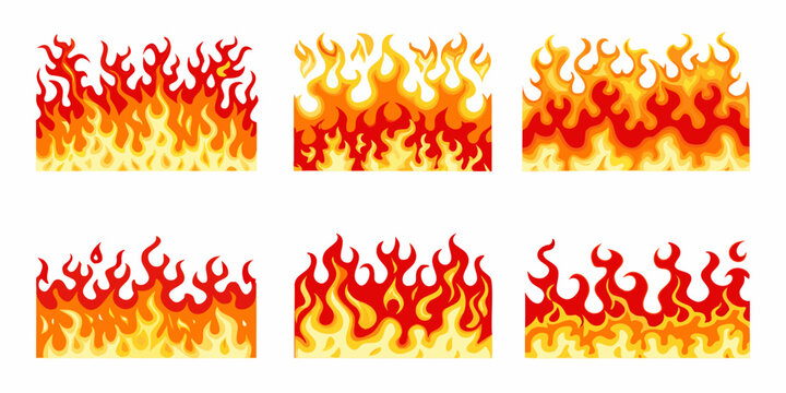 Collection of stylized cartoon flame borders and decorative fire elements for design