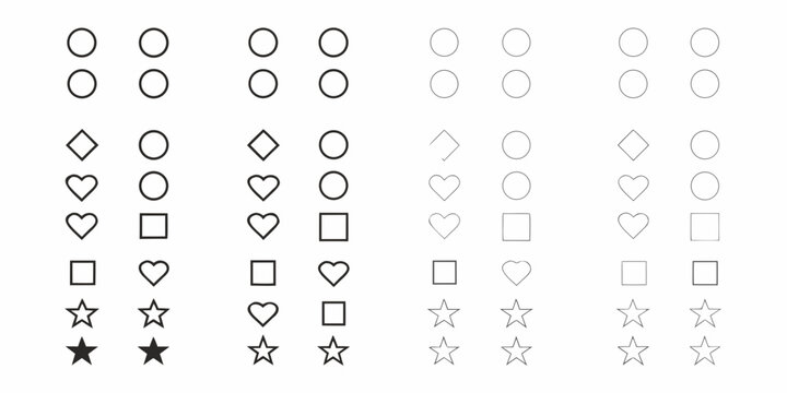 Collection of various geometric and symbolic shapes including circles hearts squares diamonds and stars in different styles