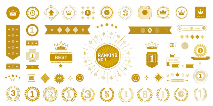 Collection of golden ranking and award icons including crowns stars ribbons and laurels