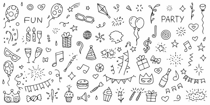 Collection of hand drawn doodle elements celebrating fun and parties with balloons gifts and music notes