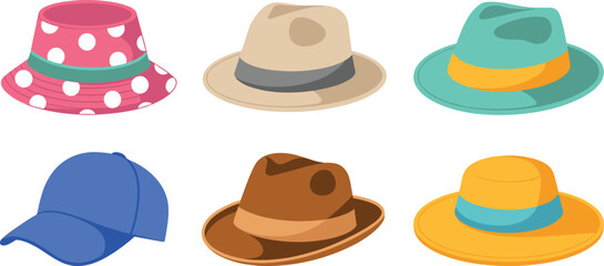 Cartoon hat collection, fashion accessories, stylish headwear, bucket hat, cowboy style, sun protection, colorful caps, clothing illustration, variety