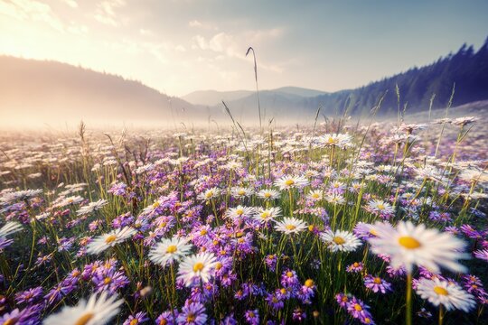 Colorful Meadow With Daisies And Purple Flowers At Sunrise - Powered by Adobe
