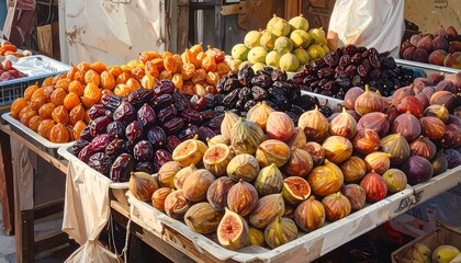 A vibrant marketplace display with various dried and fresh fruits, arranged for sale on a wooden table. Different colors and textures abound