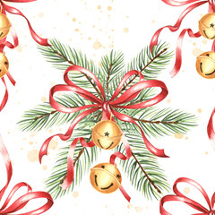 Watercolor red bow ribbons with round jingle bells on spruce branche seamless pattern for Christmas. Hand-drawn illustration, winter holiday packaging designs. Festive background for textiles, paper.