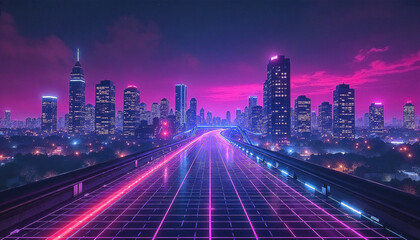 Futuristic neon city skyline at night, glowing holograms, cyberpunk style, cinematic lighting.