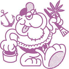 Quirky Cartoon Mascot Character in Hula Skirt Holding a Palm Brush. Fun Retro Line Art Illustration with Tiki, Nautical, and Tropical Vibe perfect for Bar Menu, Apparel Print, or Summer Vacation