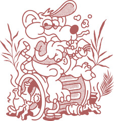 Quirky Cartoon Rat Character Smoking and Relaxing on a Beer/Liquor Barrel. Fun Vintage Hot Rod Style Illustration with Retro Grunge Line Art perfect for Subculture Apparel or Brewery Design