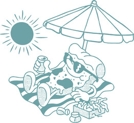 Quirky Cartoon Pizza Slice Character Relaxing on the Beach. Fun Monochrome Line Art Illustration with Sunglasses and Umbrella for Summer T-Shirt Print, Sticker, or Retro Food Graphic Design