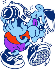 Quirky Melting Cartoon Rabbit Character Holding a Retro Camera. Fun Urban Pop Art Illustration with Street Photography Vibe, Dynamic Pose, and Bright Colors perfect for Streetwear Apparel and Sticker