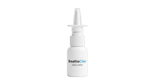 Nasal spray bottle for allergy relief and congestion treatment.