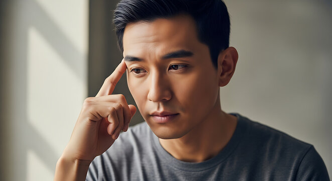 Thoughtful Asian man sitting alone by a window, looking down with a pensive expression while deep in concentration