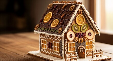 Sustainable gingerbread house with organic chocolate roof and natural fruit candy windows in earthy tones, with space for text	  