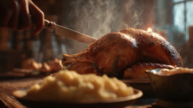 Hand slicing golden turkey, steam rising, surrounded by mashed potatoes and gravy, ultra realistic 8k - Powered by Adobe