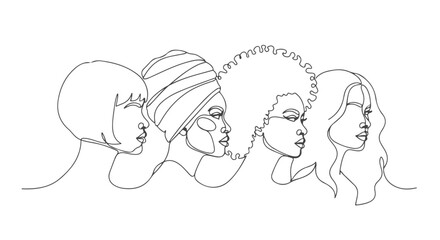 Minimalist one line continuous drawing of diverse women faces celebrating unity and beauty in a simple art style
