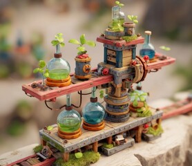 Miniature Lab & Experimentation: A captivating, artistic representation of a tiny lab, showcasing scientific experiments with colorful liquids and vibrant plants.