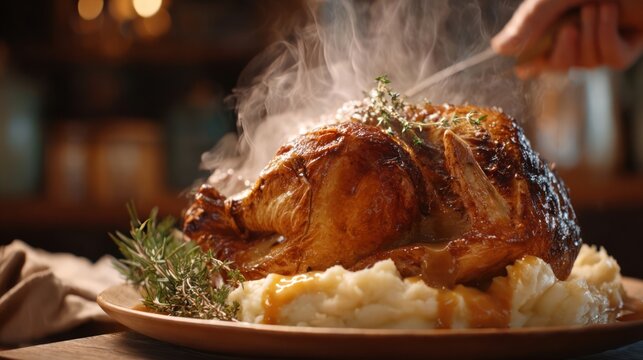 Hand slicing golden turkey, steam rising, surrounded by mashed potatoes and gravy, ultra realistic 8k