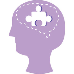 Purple Silhouette Head Profile With Puzzle Piece Inside Brain Outline On Transparent Background Representing Thought Process And Problem Solving